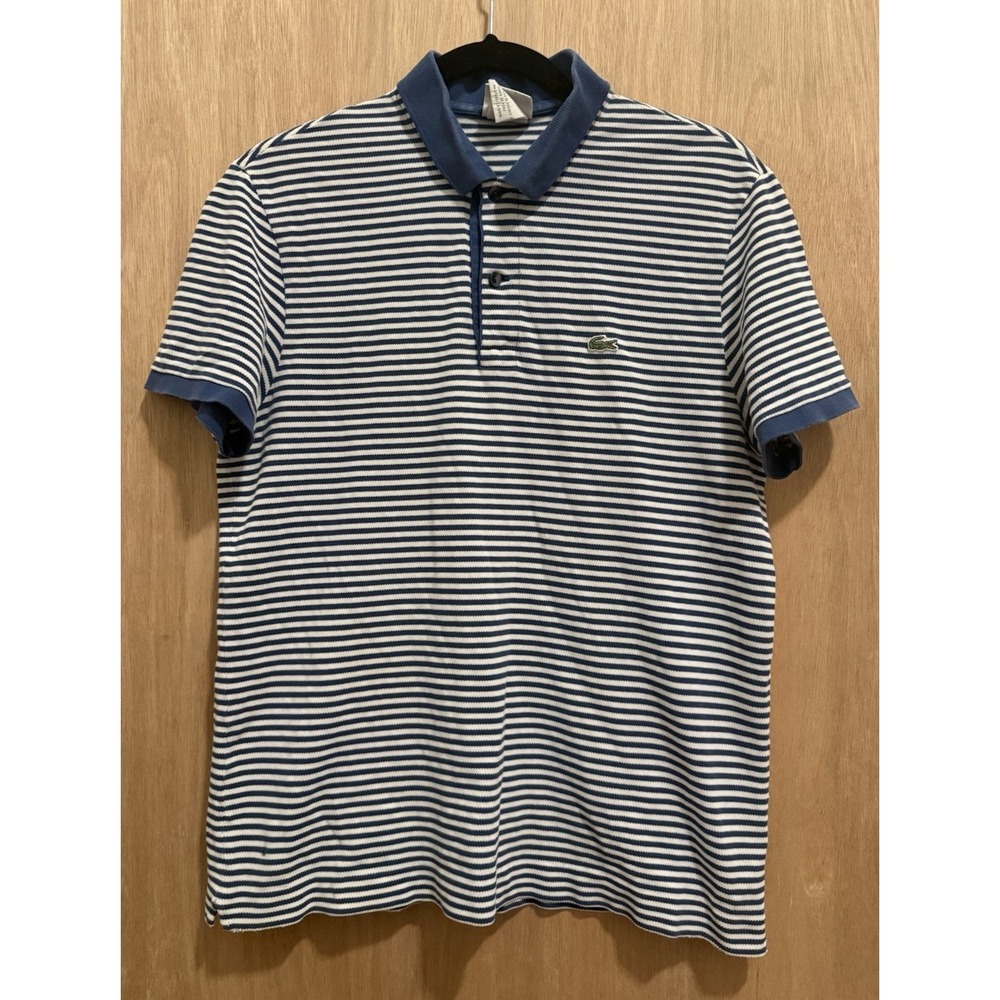 Lacoste Men's Blue & White Stripe Polo Shirt Size 5 (L) 100% Cotton Regular Fit
